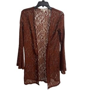Wallflower Open Front Kimono Long Bell Sleeve Brown Lace Boho size Small